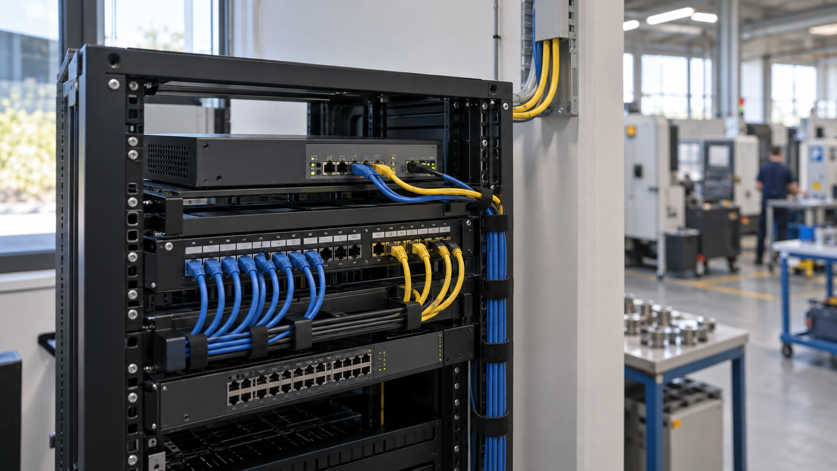 Rack di rete con collegamento WAN in un ambiente industriale