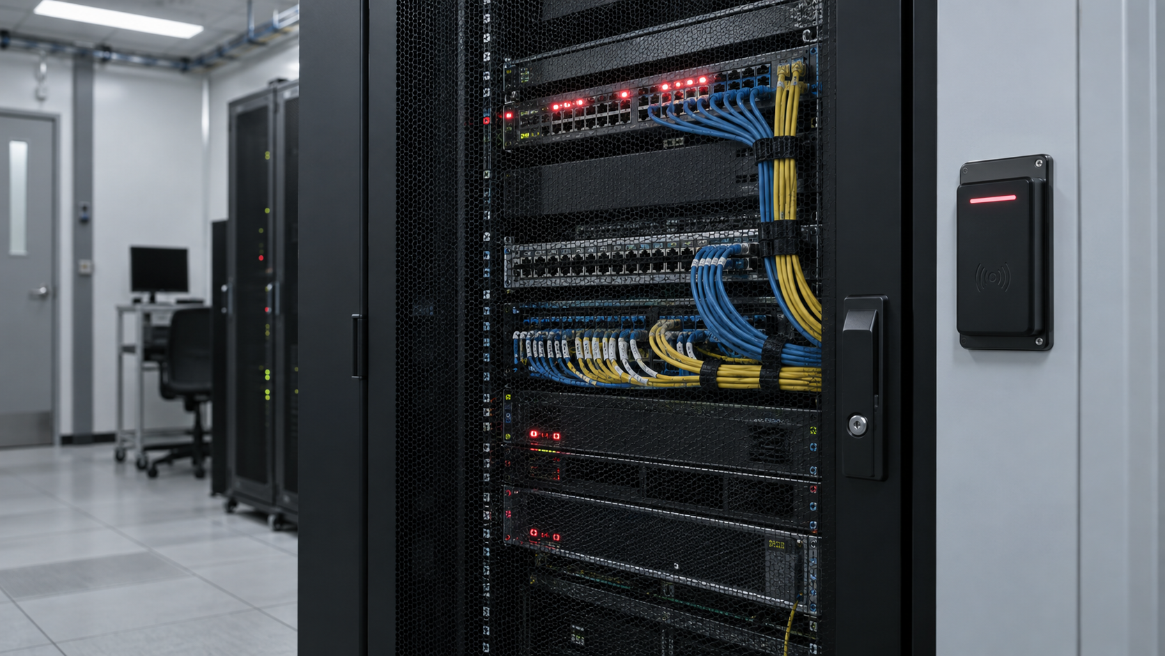Rack sicuro con controllo accessi in una sala server bancaria