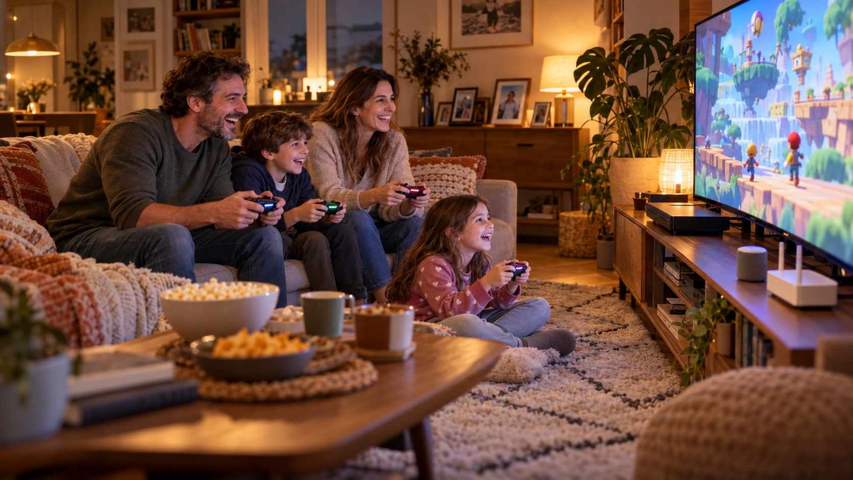 Famiglia che gioca insieme a un videogioco nel salotto di casa