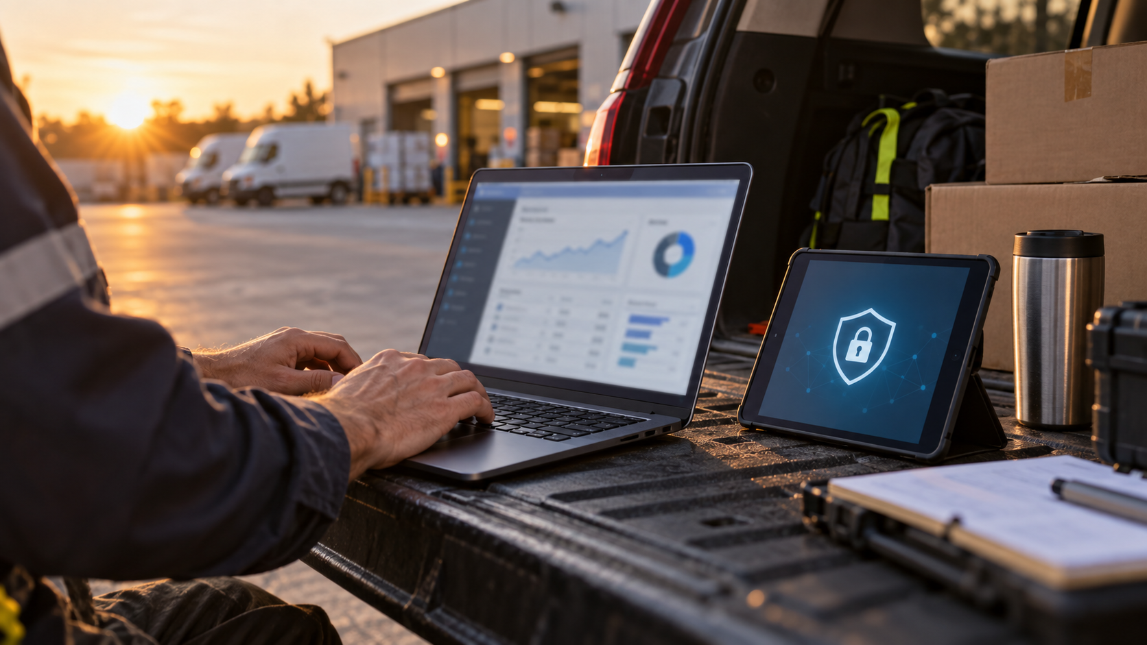 Venditore che lavora da remoto con laptop e tablet in VPN