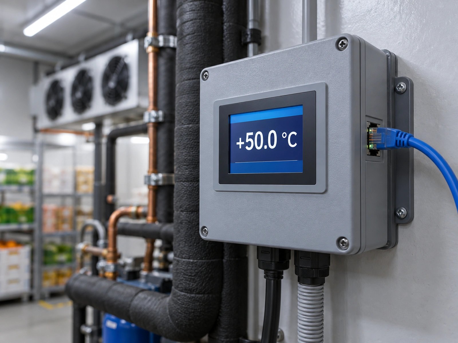Controllore di refrigerazione a parete con cavo di rete e schermo che mostra +50,0 °C, in un locale tecnico