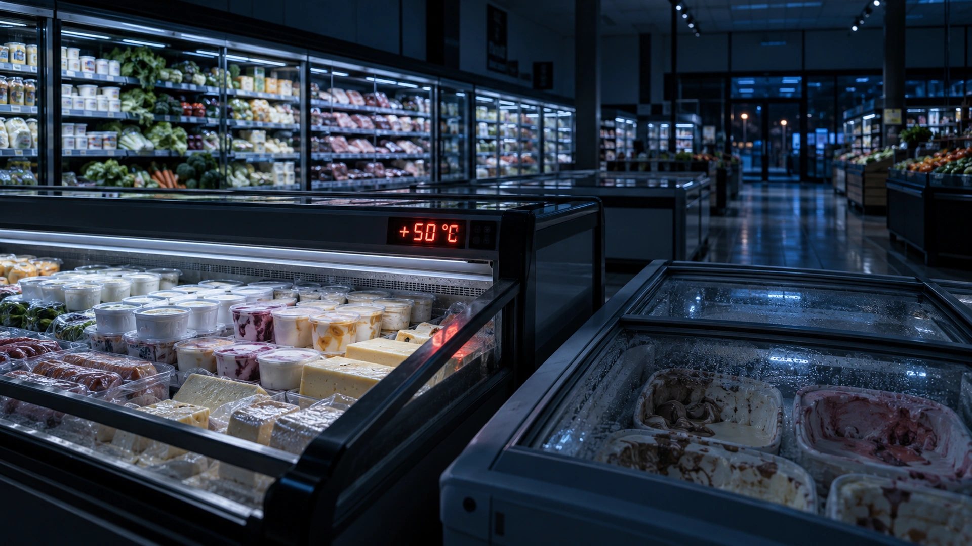 Banchi frigo e congelatori di un supermercato di notte, con il display di un banco che segna +50 °C e gelato sciolto in un congelatore