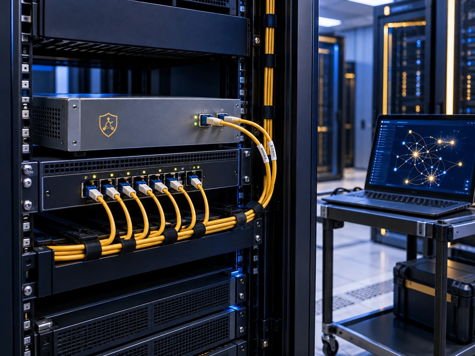 Rack con un apparato di test compatto con due porte in fibra e uno switch ottico, e un portatile su un carrello che mostra una mappa di rete