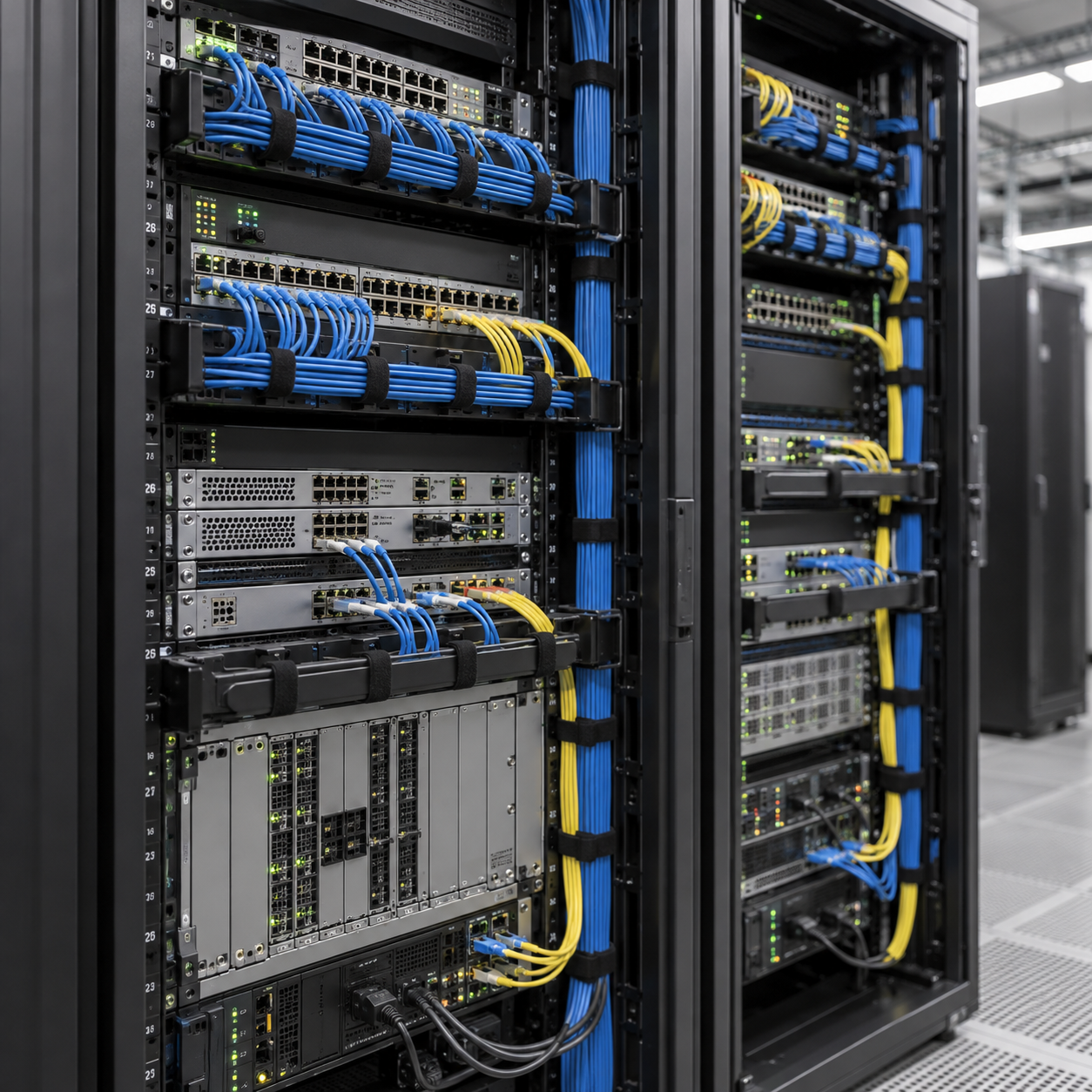 Due rack di rete aperti visti di tre quarti