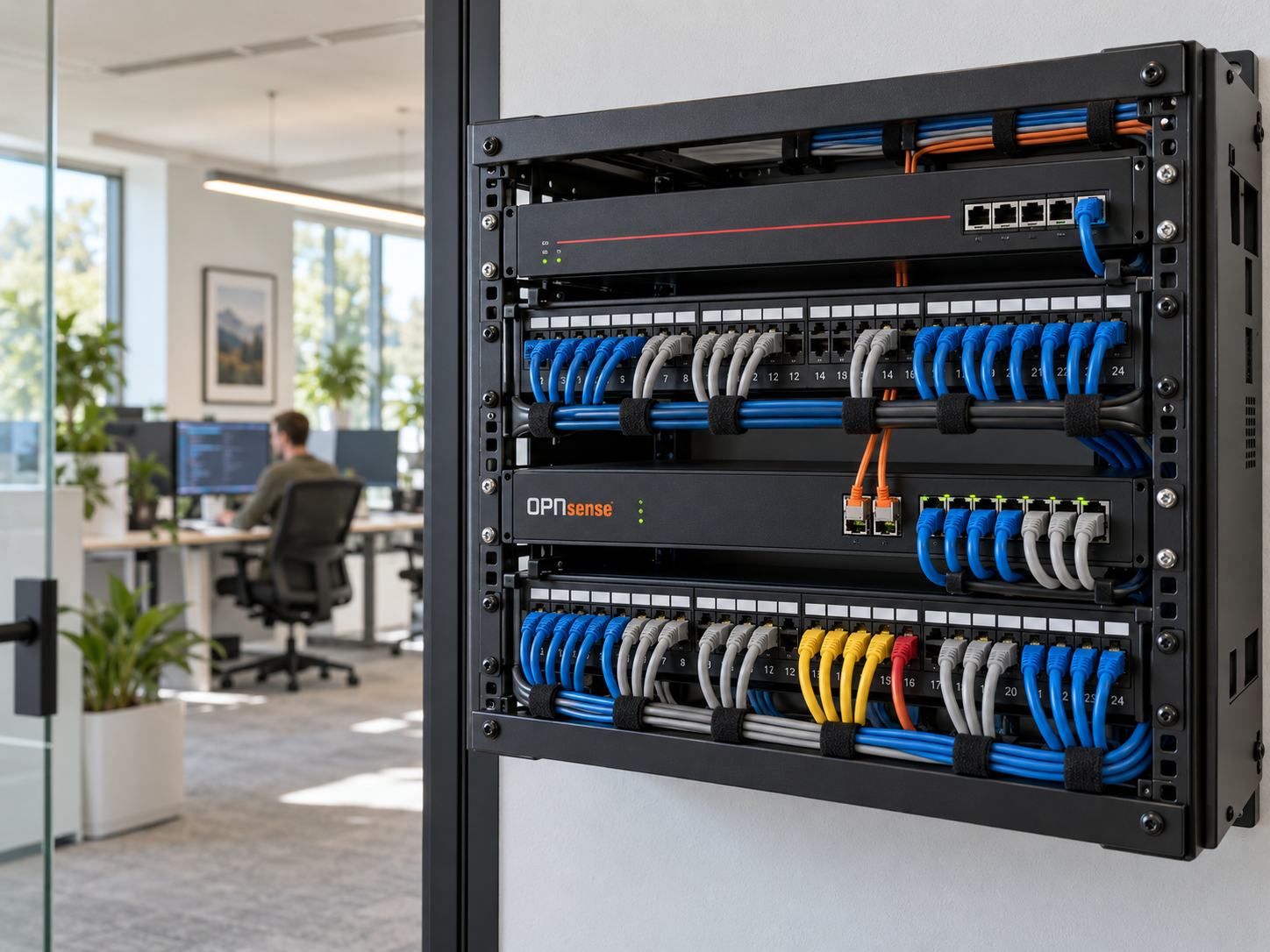 Armadio di rete in un piccolo ufficio con switch OPNsense e collegamenti in fibra ottica