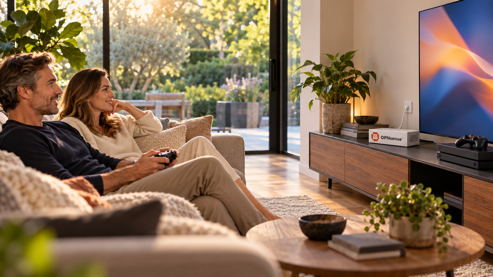 Salotto moderno con TV, console gaming e router OPNsense collegato